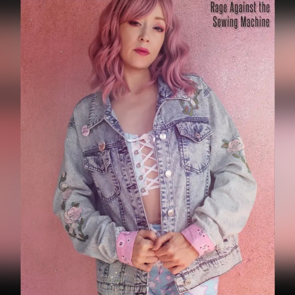 Custom pastel rose & skull creepy cute kawaii OOAK patch jacket! RAGE jackets - Picture 9 of 10